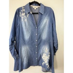 Vintage America  Denim Swing Button Up With Cream Embroidered Flowers Size XL